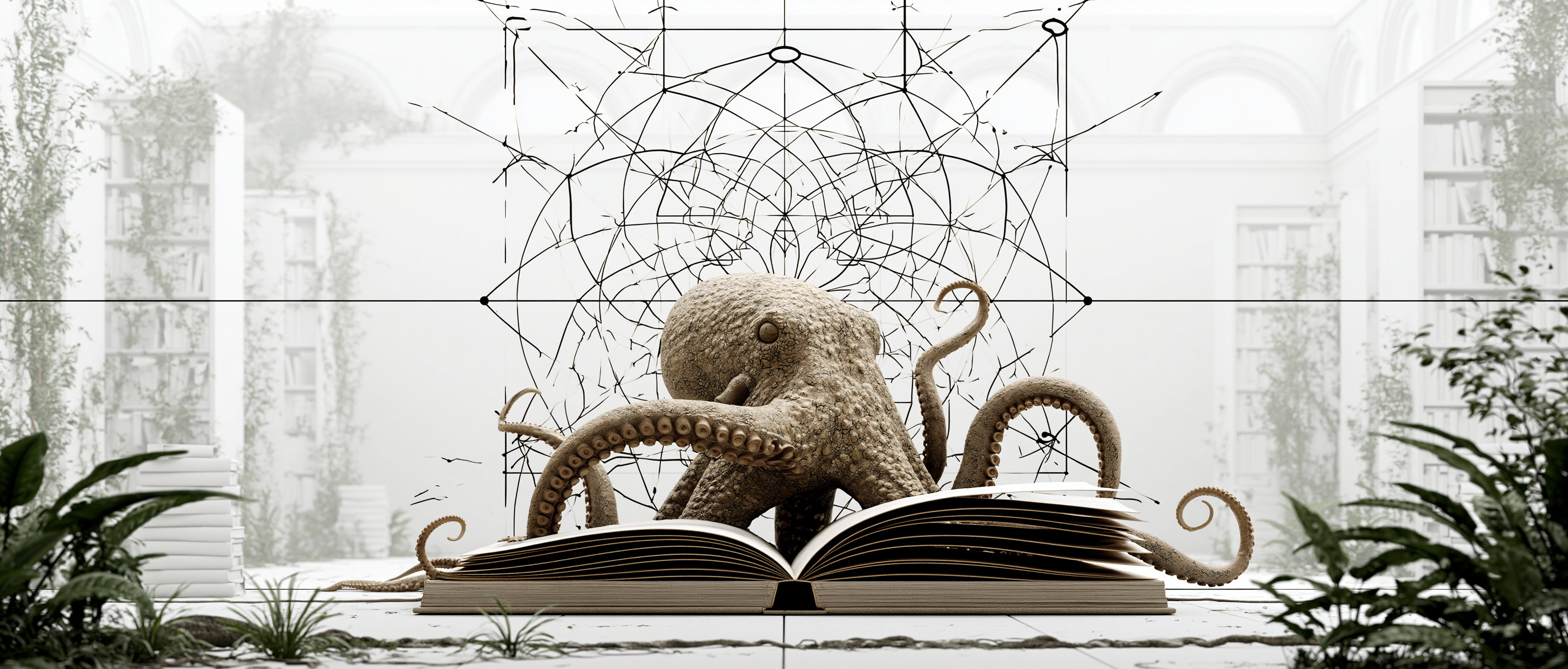 Octopus in abandoned library with ferns, books, and architectural schematic lines — knowledge as ecosystem