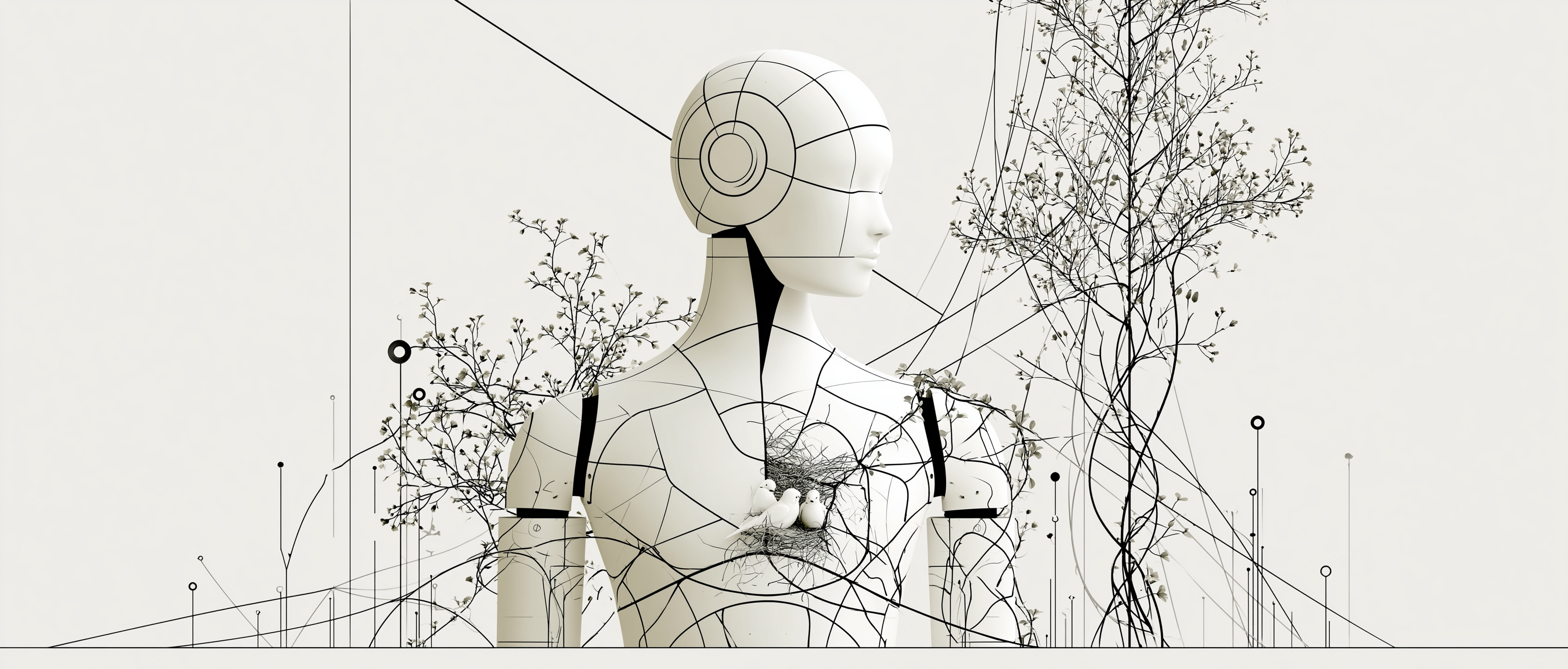 White ceramic humanoid robot standing among botanical growth, birds nesting inside its open chest cavity — life making a home inside the machine