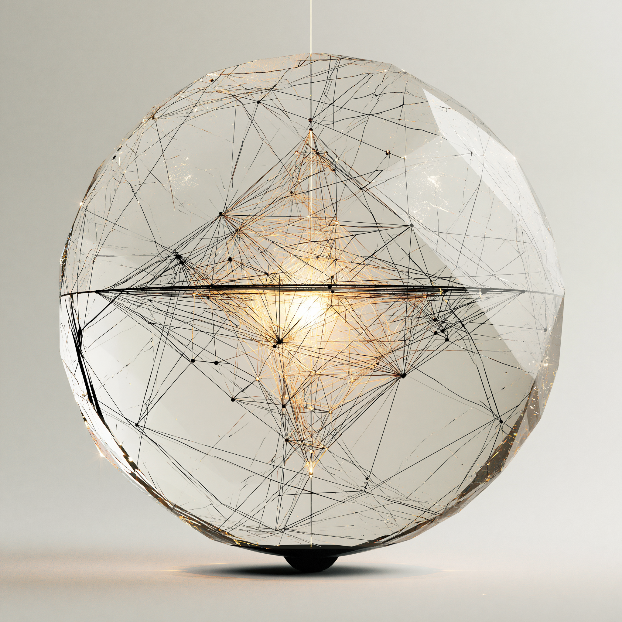 Saphene/AI — photorealistic crystal glass sphere suspended in air, containing a delicate neural network with warm golden light at its core