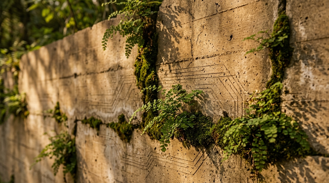 Ferns growing through brutalist concrete — nature reclaiming architecture
